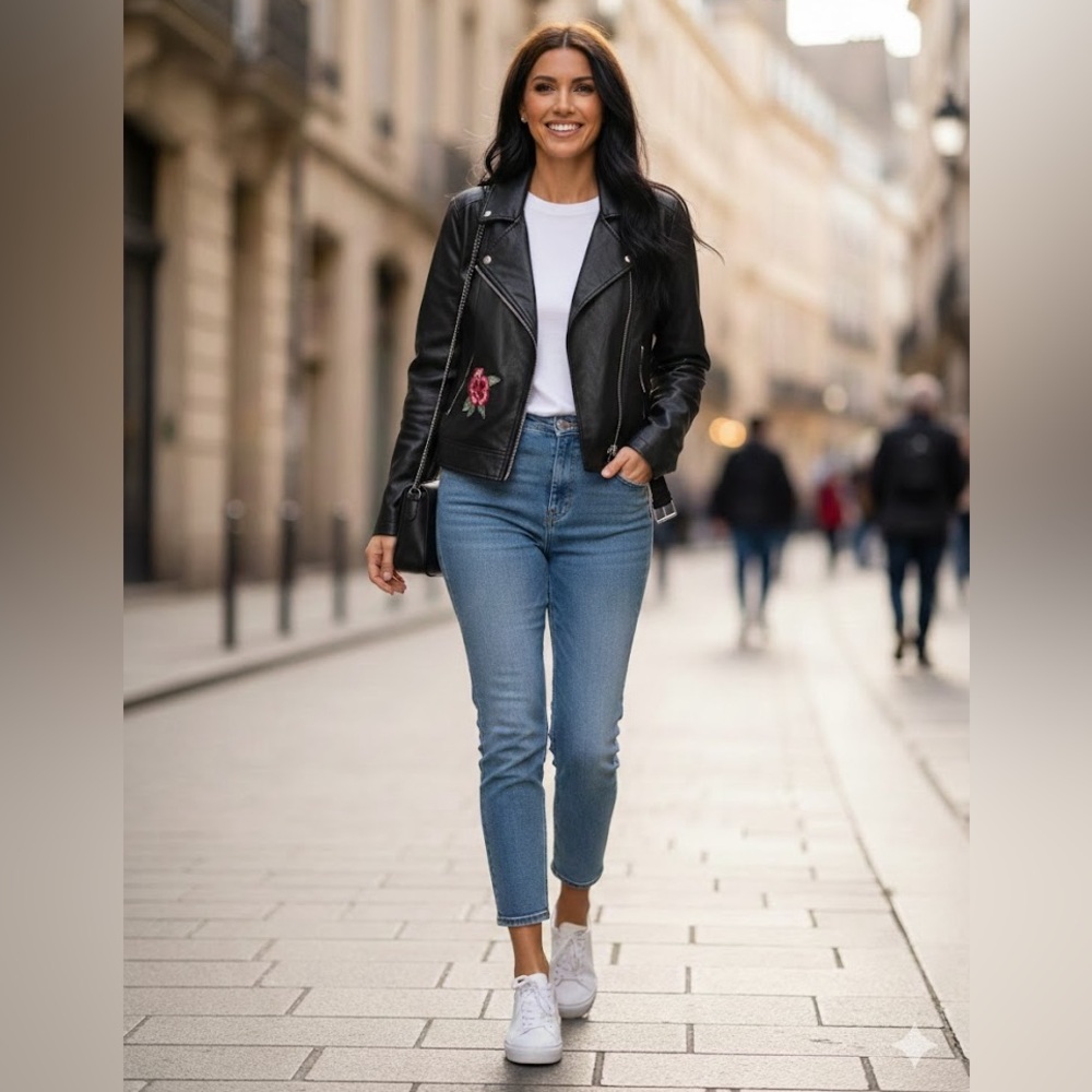 Ci Sono Black Leather Jacket with Floral Detail -108
